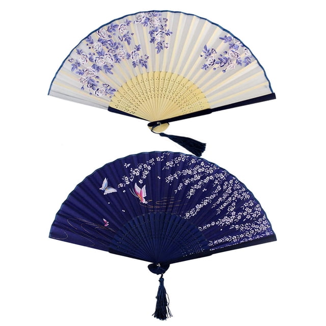 Bantoye 2 Piezas Abanicos de Mano Abanicos Plegables de Seda con Marcos de Bambú para Bailar Cosplay Accesorios de Fiesta de Boda Decoración Blanco Azul