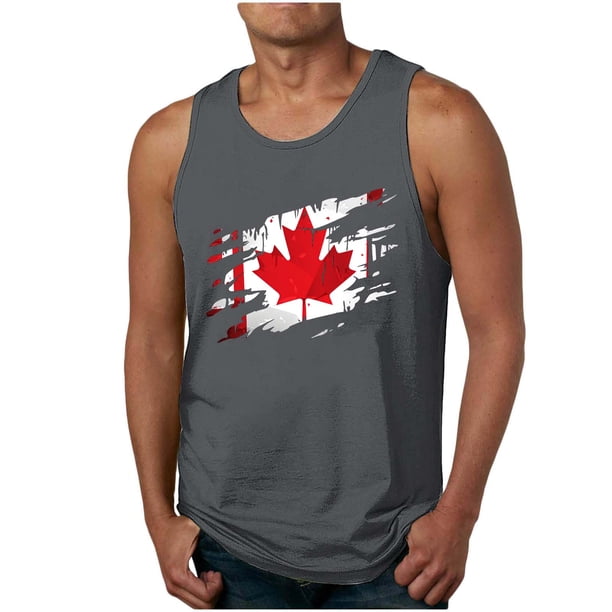 Camiseta de tirantes de cuello redondo para hombre, con estampado de hojas de arce, para fitness, para estar en casa, pijama, color liso, de poliéster.