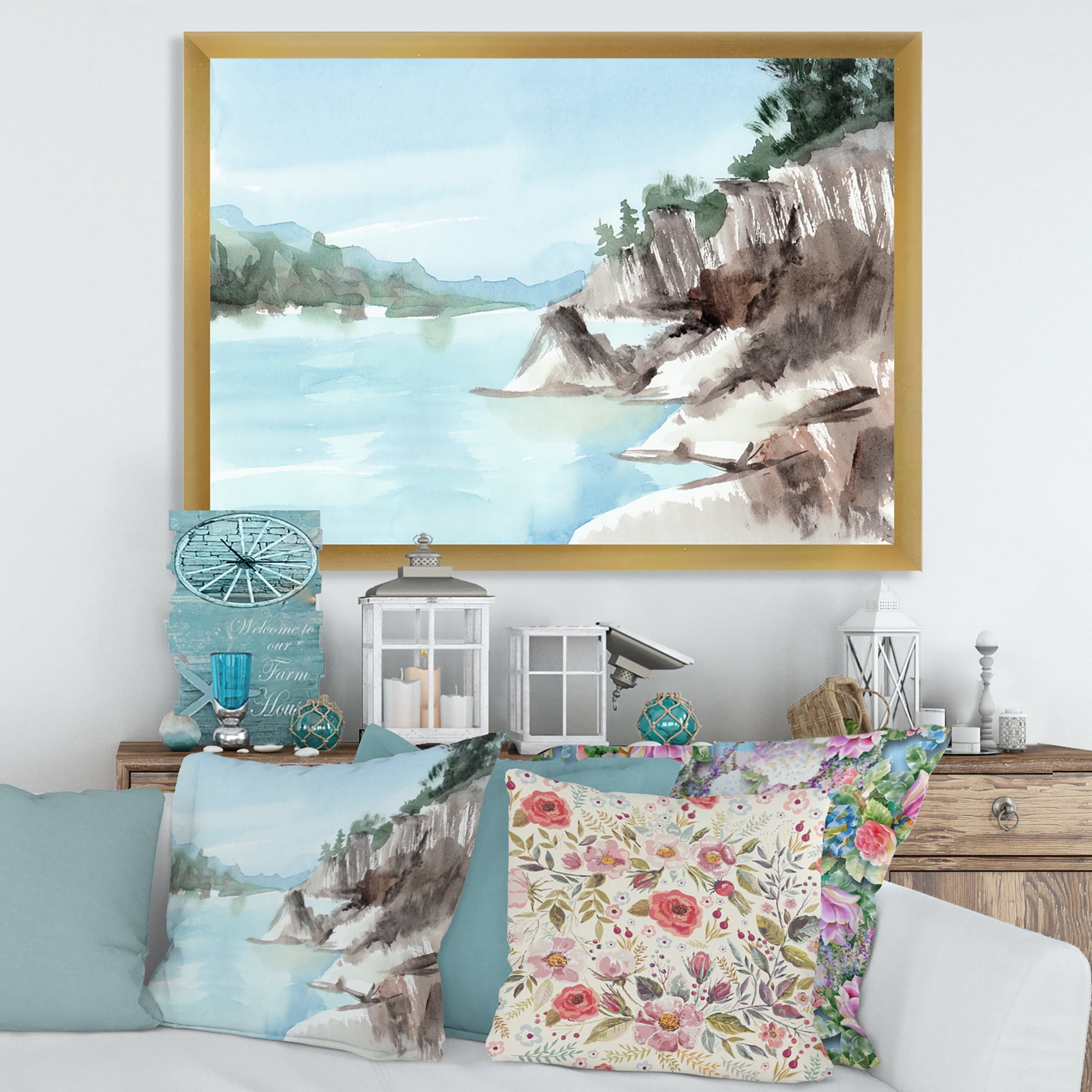 Designart 'Rocks With The Blue Lake' Lake House Framed Art Print