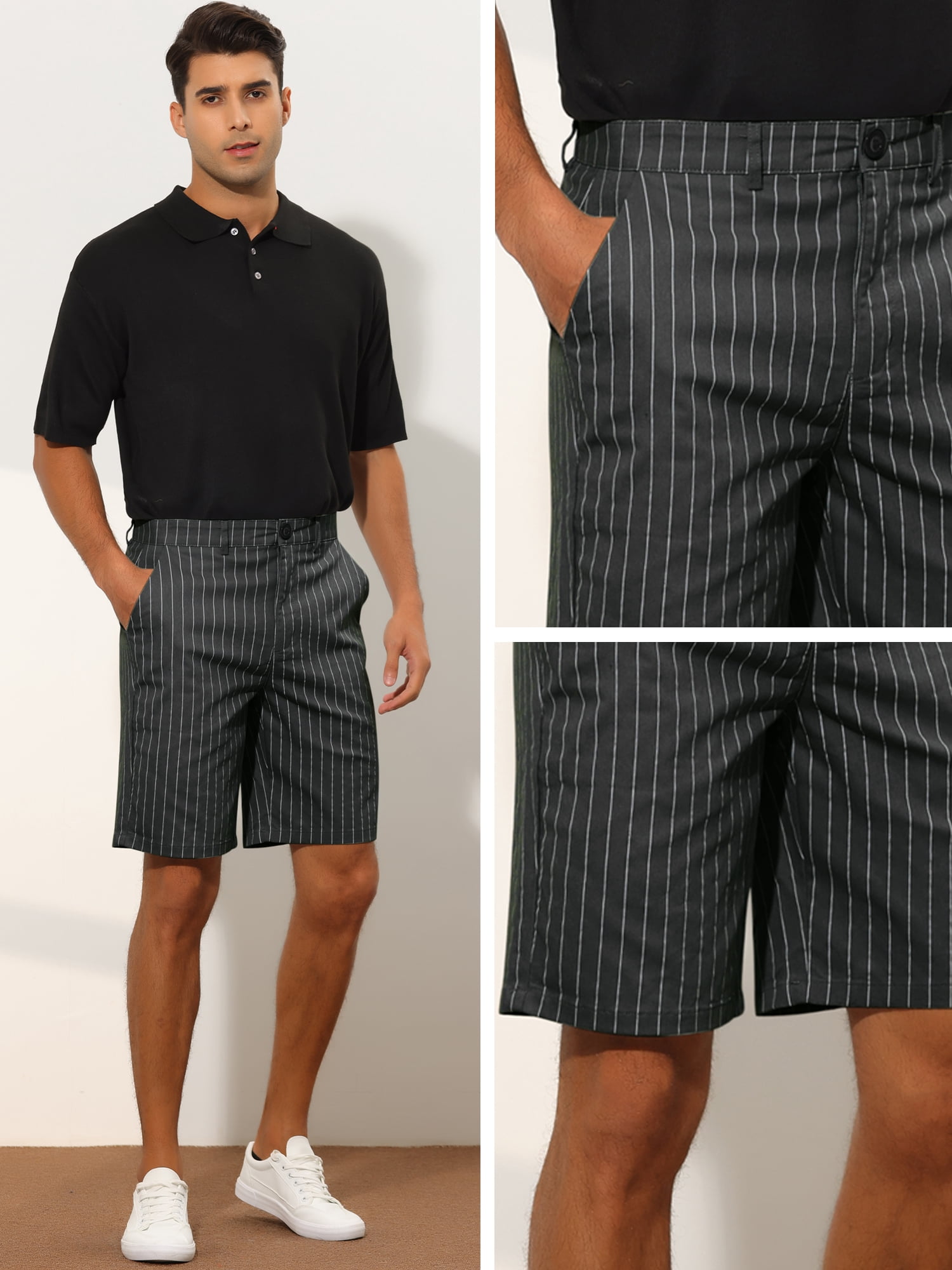 Unique Bargains Men's Striped Dress Shorts Regular Fit Business Chino Shorts 32 Black