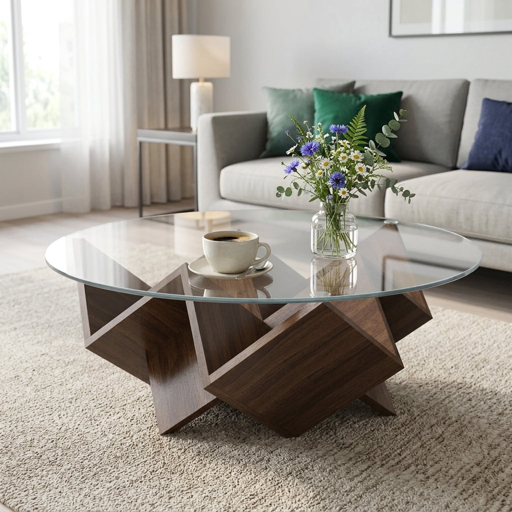 35.4-Inch Round Coffee Table with Tempered Glass Top and Geometric Art Deco Base, Storage Shelf Table and Center Table for Living Room, Walnut