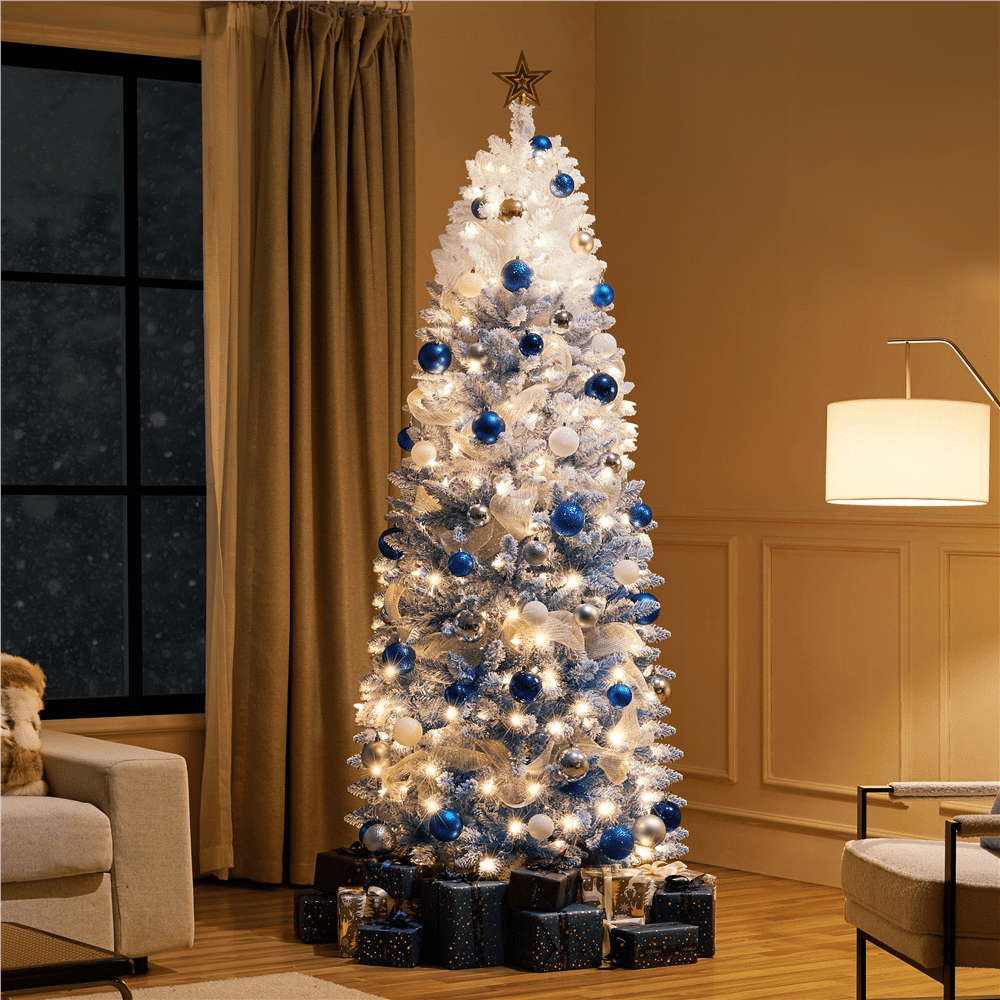 Renwick 7.5Ft Pre-lit Flocked Artificial Christmas Tree with 350 Incandescent Warm White Lights, Lake Blue Gradient