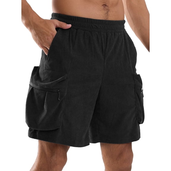 APTRO Men's Cargo Shorts 9" Elastic Waist Drawstring Summer Casual Corduroy Work Shorts with Zipper Pockets Black L