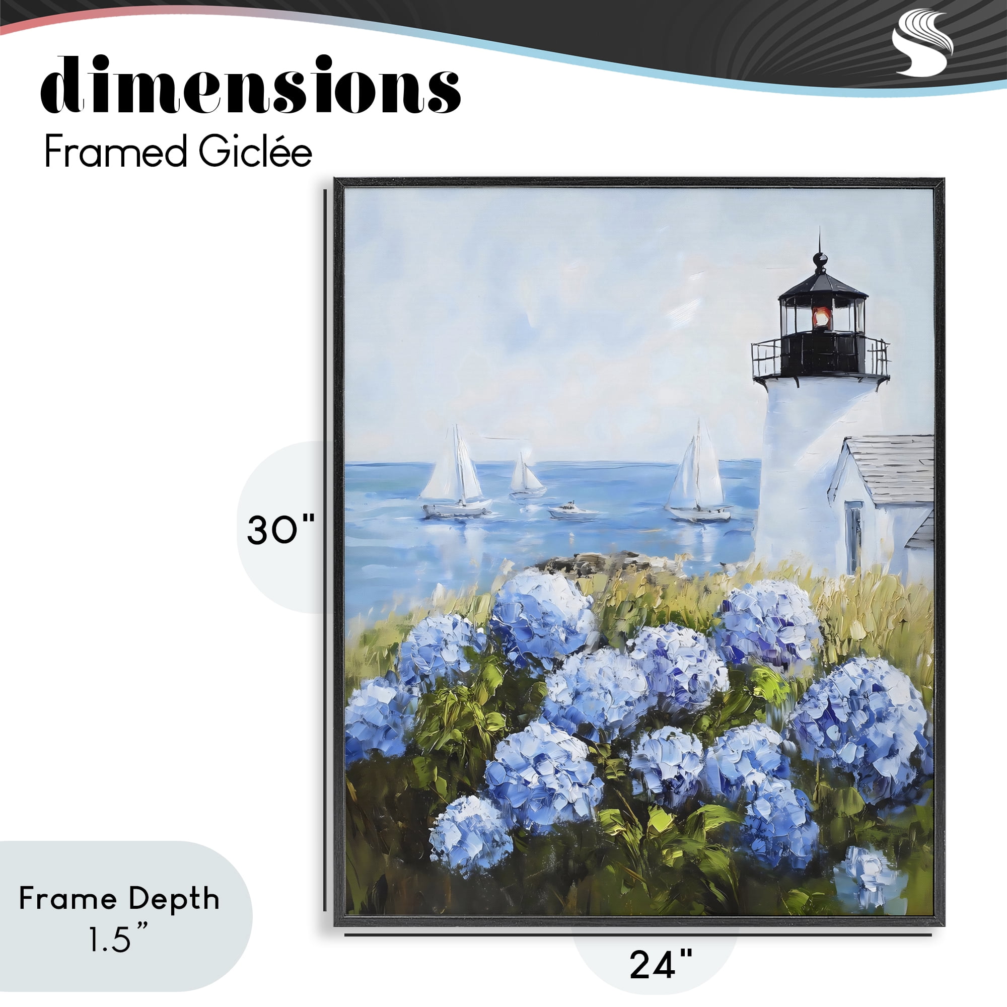 Stupell Industries Lighthouse Surrounded by Hydrangeas Black Framed Giclee Art, design by Arlington Prints