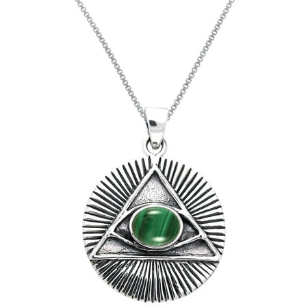 Egyptian Eye Horus - Sterling Silver with Malachite Eye of Horus Egyptian Pyramid Pendant on 18 Inch Box Chain Necklace