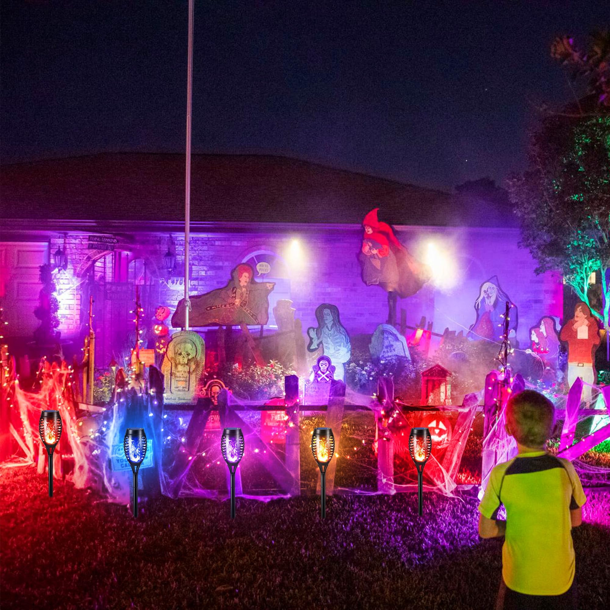 Toodour Solar Halloween Lights Outdoor, 12 Pack LED Solar Torch Lights with Flickering Flame, Waterproof Halloween Decorations for Patio Garden Yard Pathway Landscape, Purple