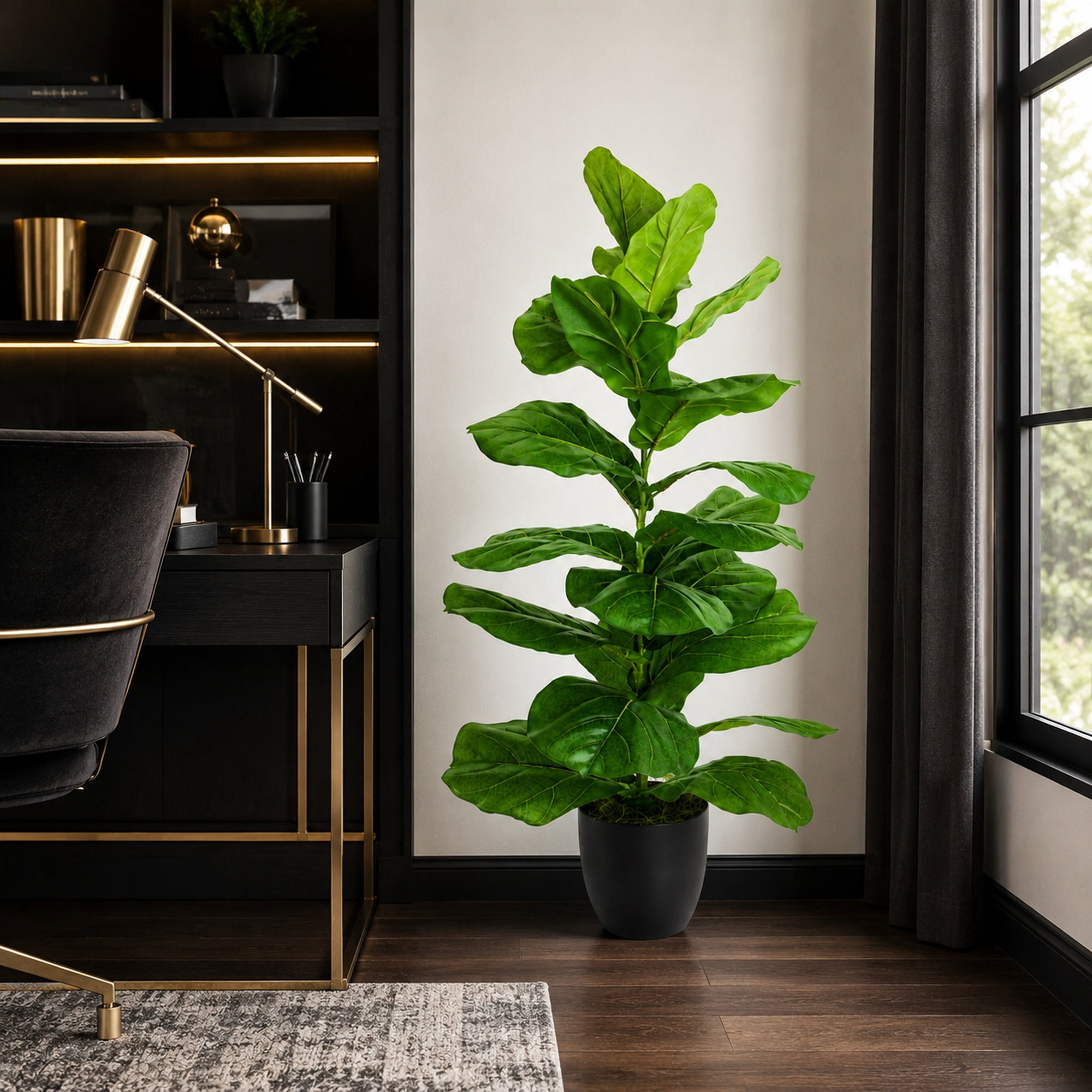 Artificial Tree, 5ft Faux Designer Fiddle Leaf Fig Tree in Black Nursery Pot by LCG Florals, Fake Indoor Tree for Living Room, Office, and Home Décor