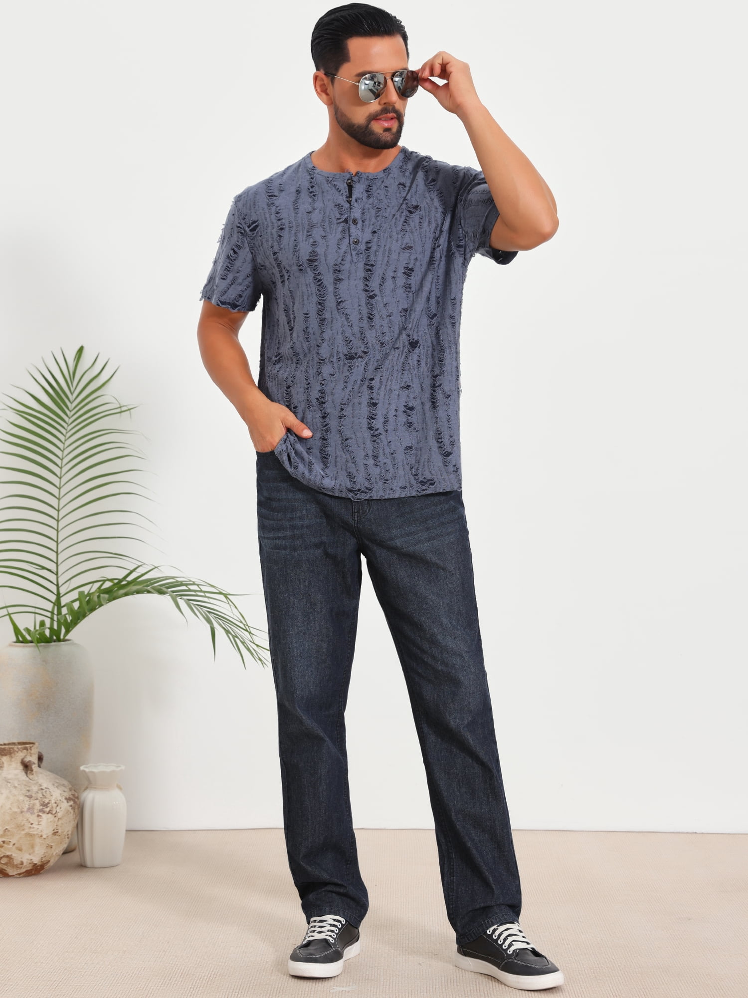 DARING DIVA Men's Ripped Henley Retro Short Sleeve Button Down T-Shirt S Gray Blue