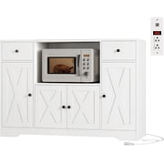Microwave Cabinet with Power Outlets, 47" W Microwave Stand, White | Farmhouse Storage Cabinet with 2 Drawers & Adjustable Shelves, Kitchen Buffet Sideboard with Storage for Dining Room