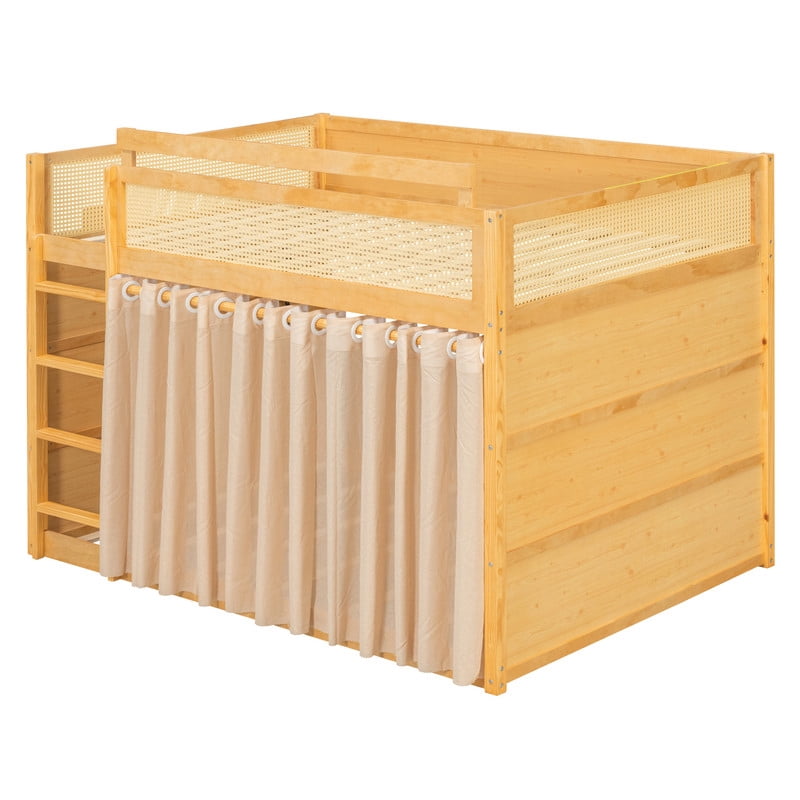 Full-Over-Full Bunk Bed with Bedside 3-Tier Storage Bookshelf, Teens/Kids Rattan Guardrail Bed Frame with Curtain & Light