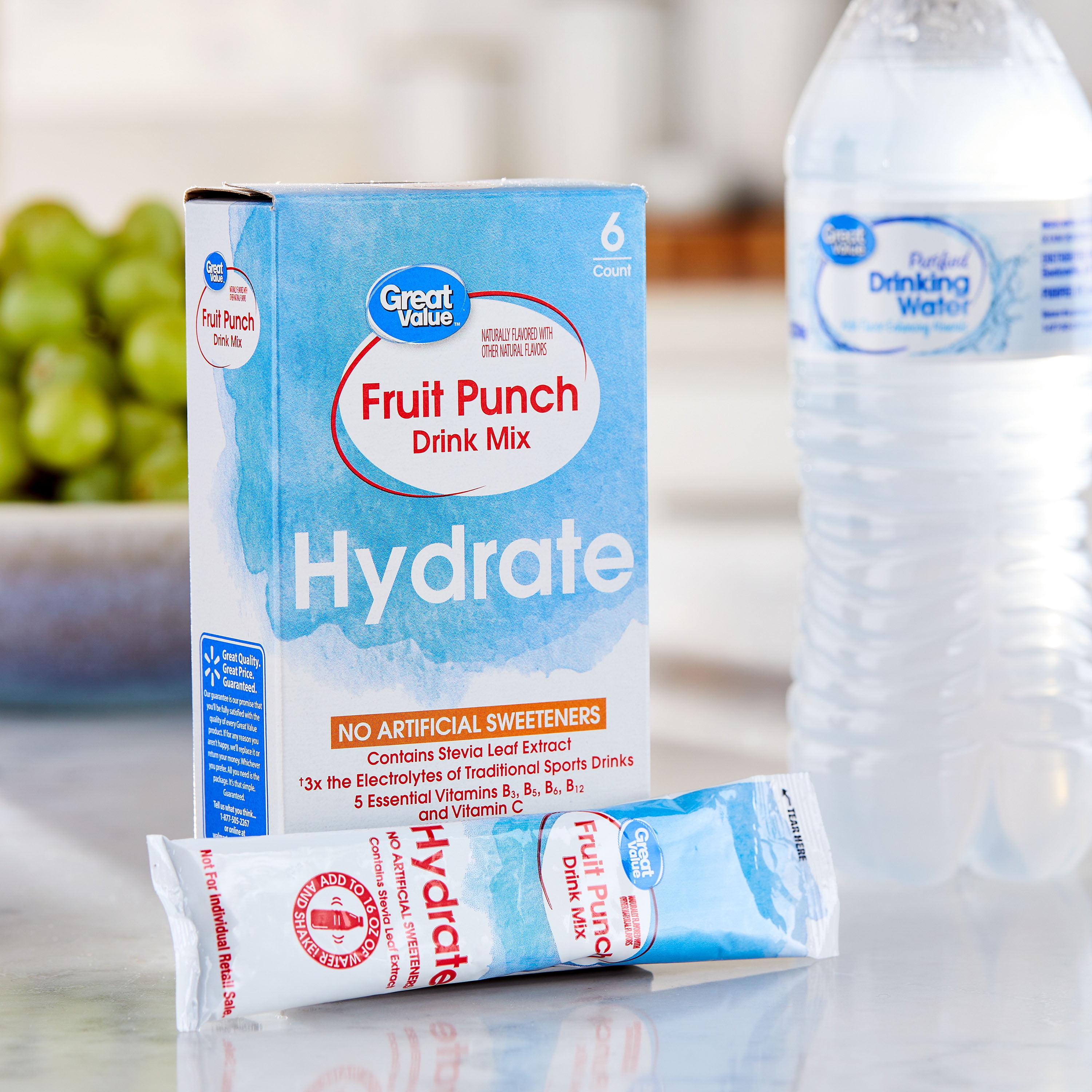 Great Value Fruit Punch Hydration Powdered Liquid Drink Mix, 0.56 oz, 6 Count