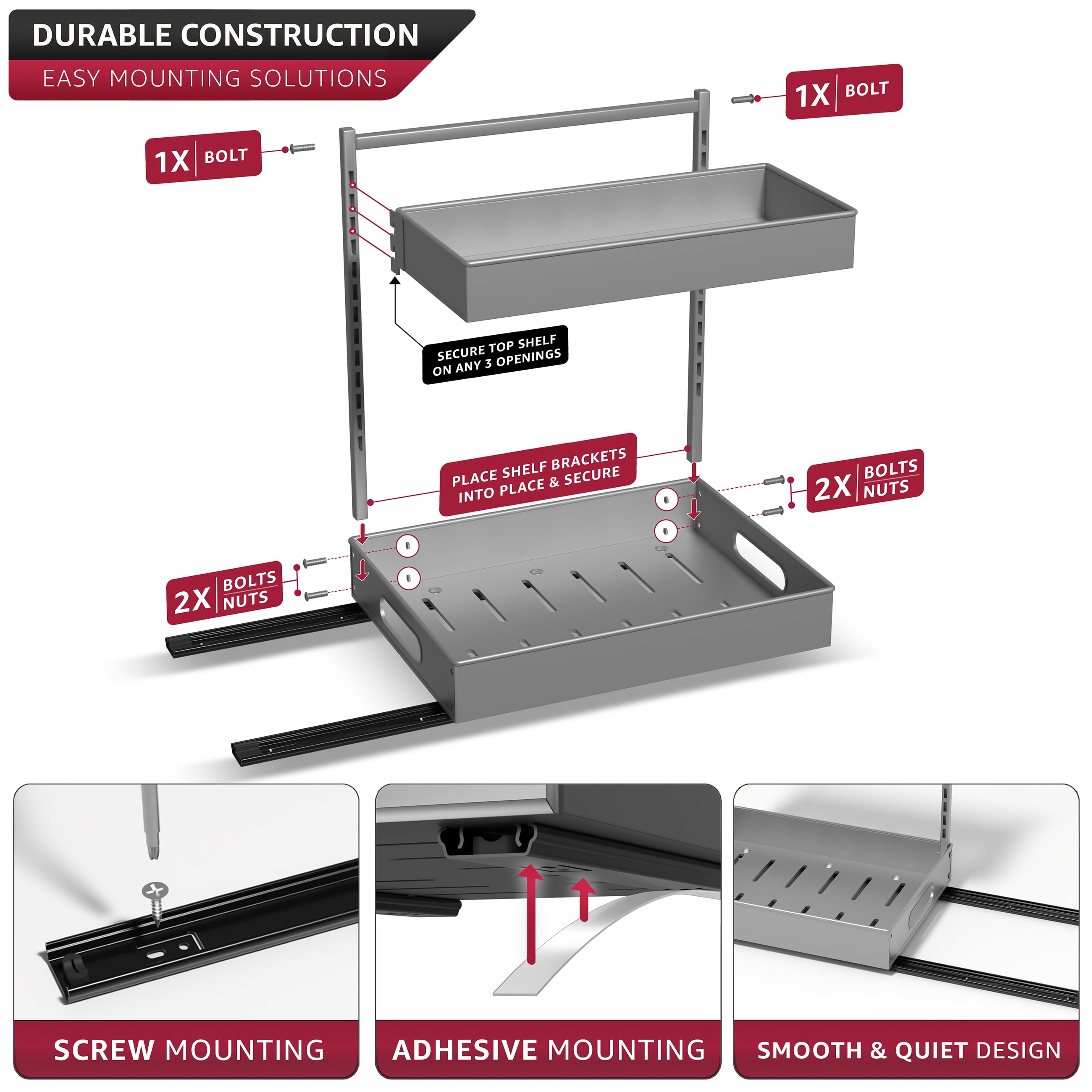 Sorbus 2-Tier Under Sink Organizer with Sliding Drawers, No-Drill Storage Rack (2 pack Silver)
