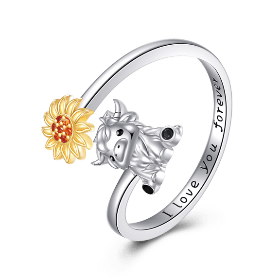 Highland Cow Ring Sterling Silver Adjustable Cow Ring Sunflower Animal Jewelry Gifts for Women