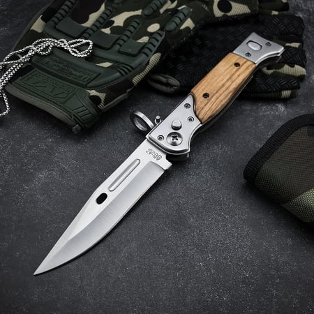 DASAW-9 AK47 Slide Pocket Folding Knife EDC Knife Stainless Steel Blade Wooden Handle for Outdoor Camping Hunting Hiking (wooden handle with ring)