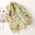thumbnail image 4 of Bufanda pequeña de lino y algodón con hilo de Bali, sencilla y fresca, para mujer, con estampado de hojas de color amarillo brillante y verde fruta, con borlas, 4 of 6