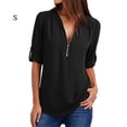 thumbnail image 1 of Camisa Blusa De Manga Larga Con Cremallera Superior Para Mujer Paño Casual Con Cuello En V, Negro, S Noticed AP002124-17, 1 of 3