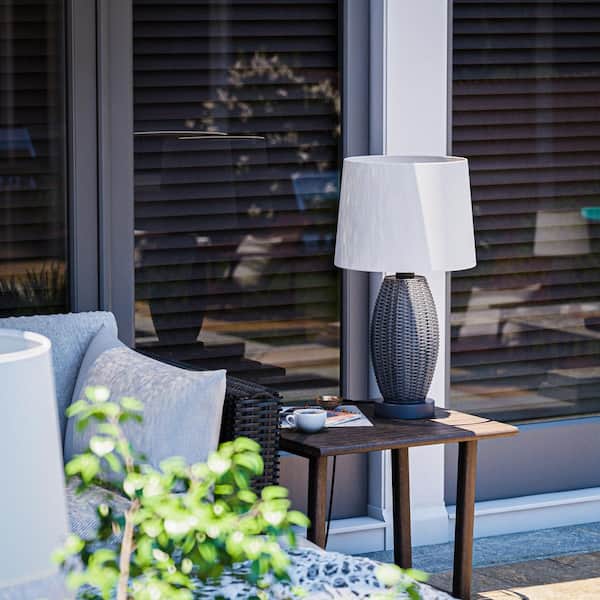 Ceybo 28" Outdoor/Indoor Table Lamp Gray Rattan Modern Boho Waterproof Lighting with White Drum Shade