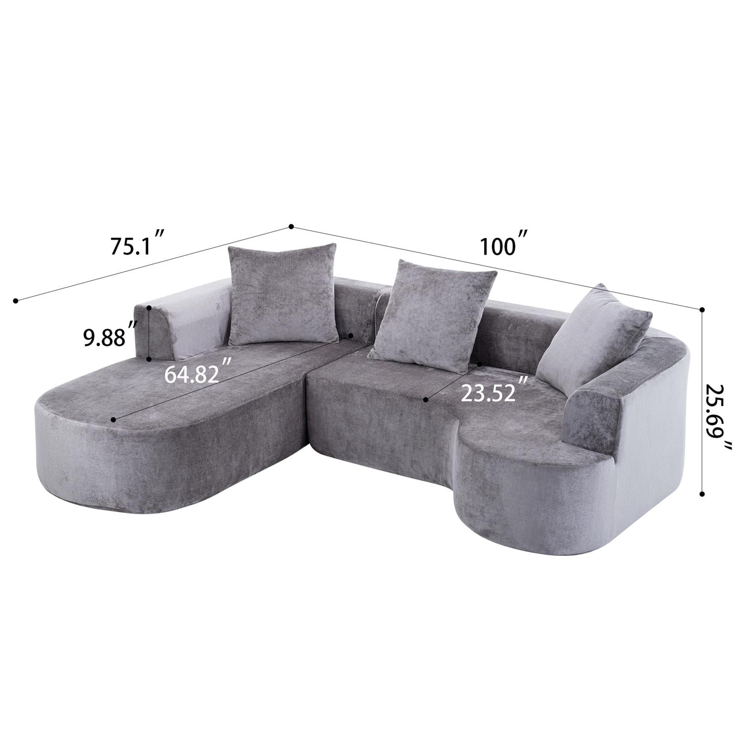 Demi Bonn 100" Modular L-Shape Sectional Sofa with Chaise, Corduroy Fabric, Plush Sponge Compression, Modern Sleeper Couch in Deep Seating for Living Room, Gray