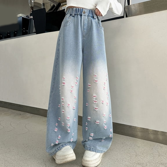 JACHENN Teen Jeans for Girls Jeans Baggy High Waisted Wide Leg Denim Pants with Pockets Girls Straight Leg Jeans Cute Pants For Girls 13-16 Years