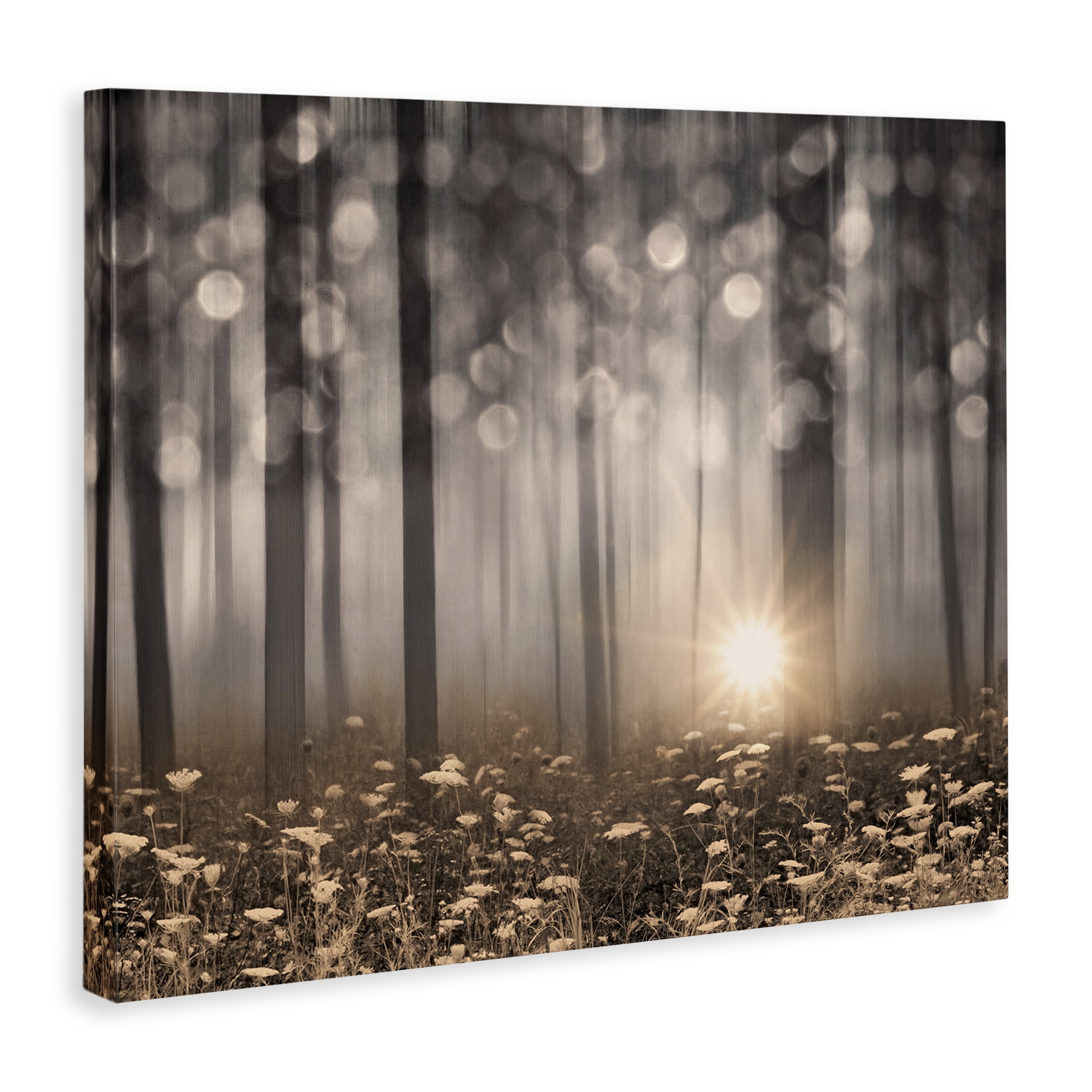 Wild Flowers Foggy Forest Sunrise Horizon Bokeh Photography Canvas Art, 40 x 30, Design By Artist Lori Deiter
