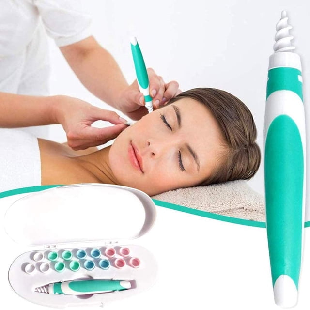 Removedor de cera para oídos, limpiador de cera para oídos Q Grips, kit de limpieza de oídos en espiral seguro y suave con 16 puntas de repuesto lavables de silicona para niños, adultos, verde