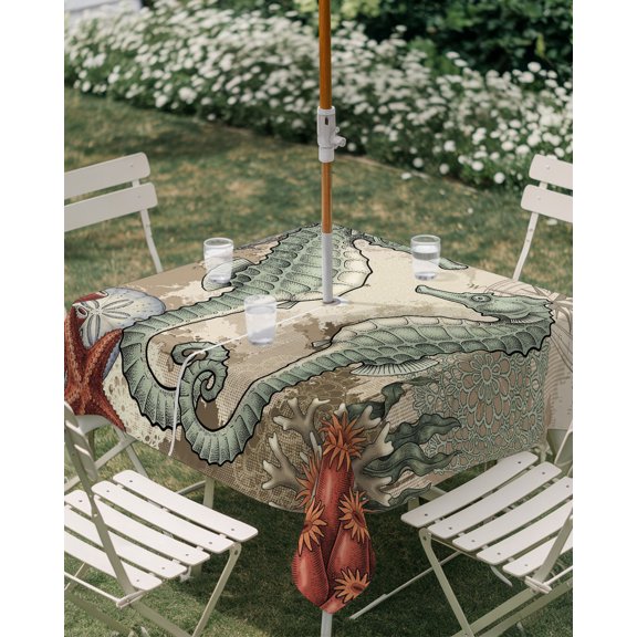 Outdoor Tablecloth with Umbrella Hole, Seahorses Starfish Summer Beach Zippered Table Cloth for Rectangle Tables, Marine Life Washable Waterproof Tablecloths for Picnic Patio Garden