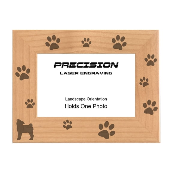 PrecisionNC Pet Frame Pug with Paw Prints Engraved Natural Wood Picture Frame for Dogs 4x6 Landscape