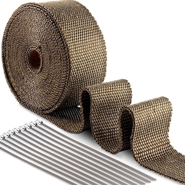 Cinta aislante térmica de titanio Magma Desiderio de 15 x 50 mm + 10 bridas de acero inoxidable negras para tubo colector de escape de motocicleta Cinta aislante térmica