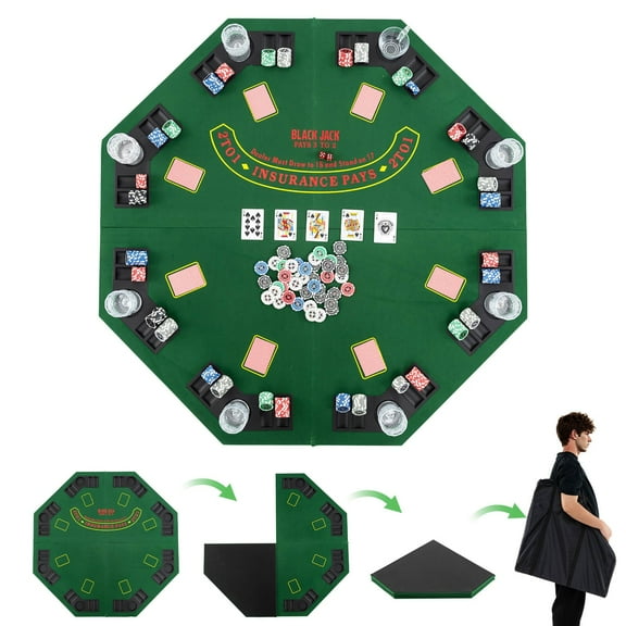 KDTHTF 48" Foldable Poker Table Top for 8 Players with Cup Holders & Chip Trays, Quad-Fold Casino Game Table Surface with Carrying Bag for Texas Hold'em, Blackjack, Party, Green