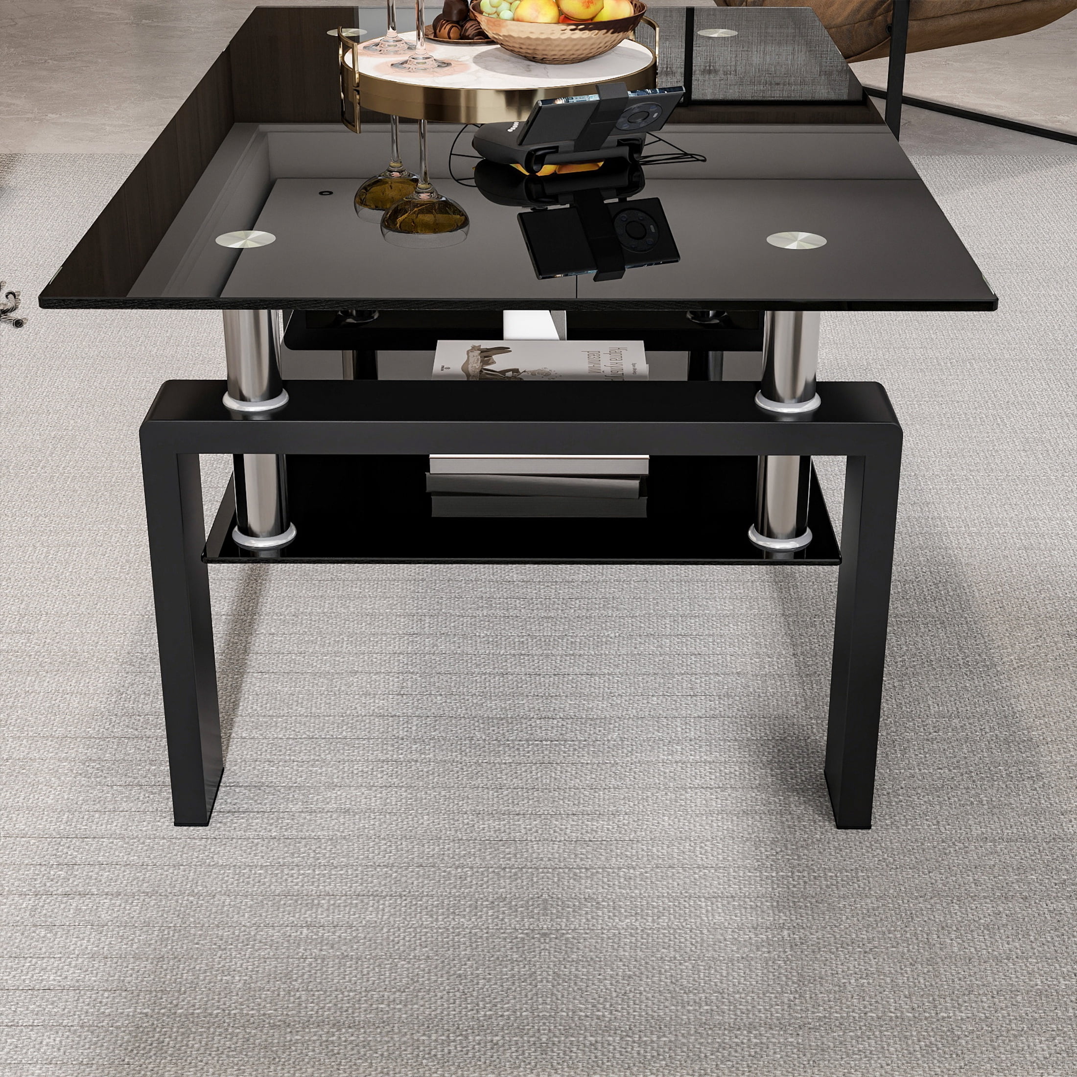Glass Coffee Table for Living Room, SEGMART Modern Coffee Table with Lower Shelf, Rectangle Center Table with Metal Legs, Glass Table, Sofa Table, Tea Table, Living Room Table