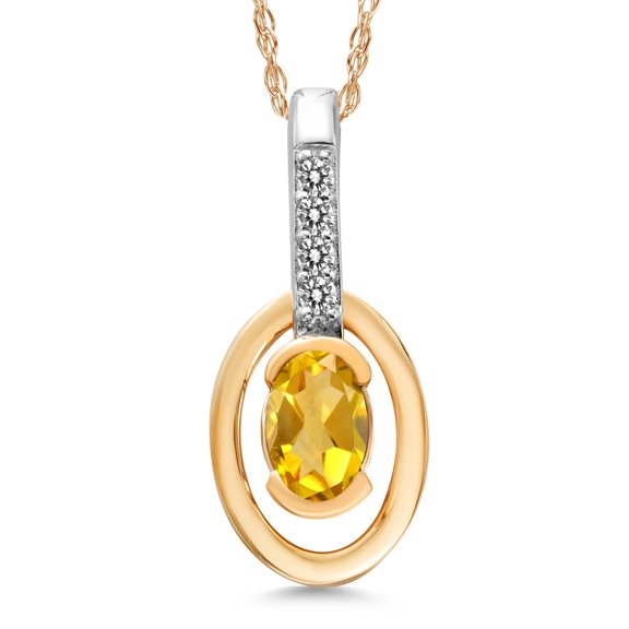Gem Stone King 10K Two Tone Gold Yellow Citrine and White Diamond Pendant Necklace for Women (0.25 Cttw, Gemstone November Birthstone, Oval 5X3MM, with 18 inch Chain)