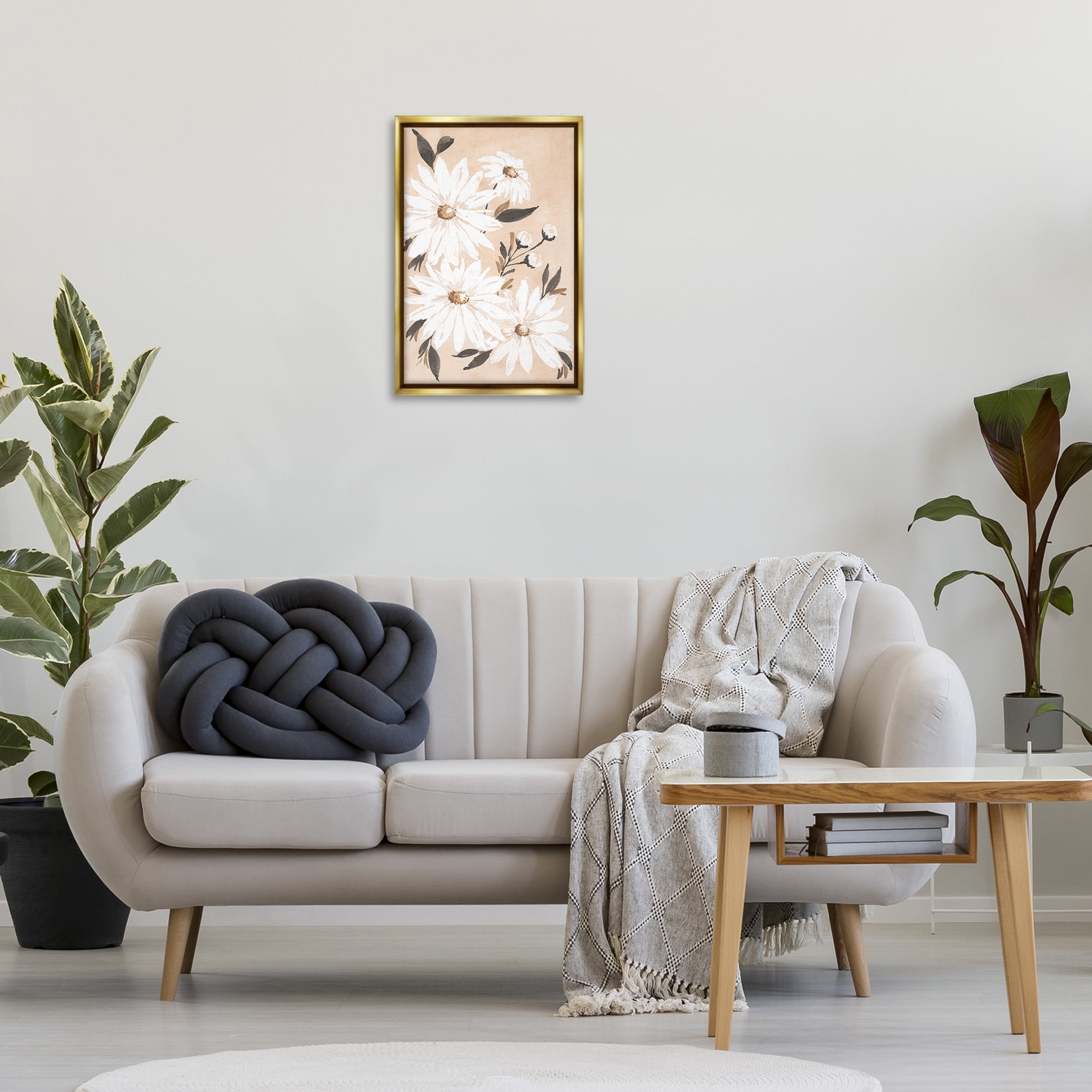 Stupell Industries Muted Neutral Daisies Botanical & Floral Painting Gold Floater Framed Art Print Wall Art, 17 x 25