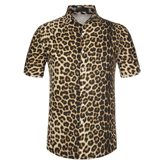 INSPIRE CHIC Camisa Con Estampado De Leopardo Para Hombre, Manga Corta, Con Botones, Informal, Para Verano Estampado de leopardo XXL