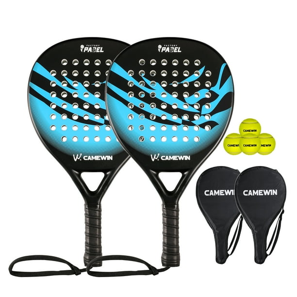 CAMEWIN 2 Palas de Pádel con Fundas, 2 Raquetas y 4 Pelotas,Kit de Raquetas para Pádel Fabricadas 100% Fibra de Carbono y Núcleo de Espuma Flexible de Memoria EVA, para Principiantes e Intermedios