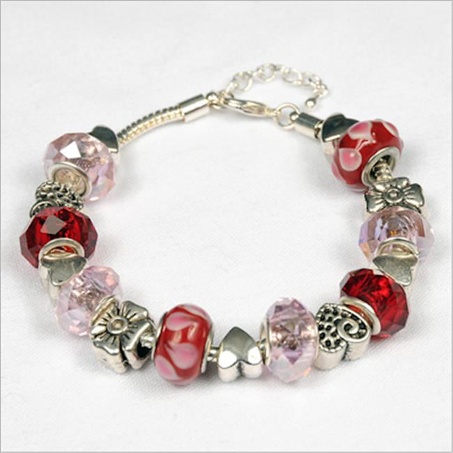 Valentine Day Charm Bracelet Pink Red Heart Glass Crystal Brass Artisan Crafted 