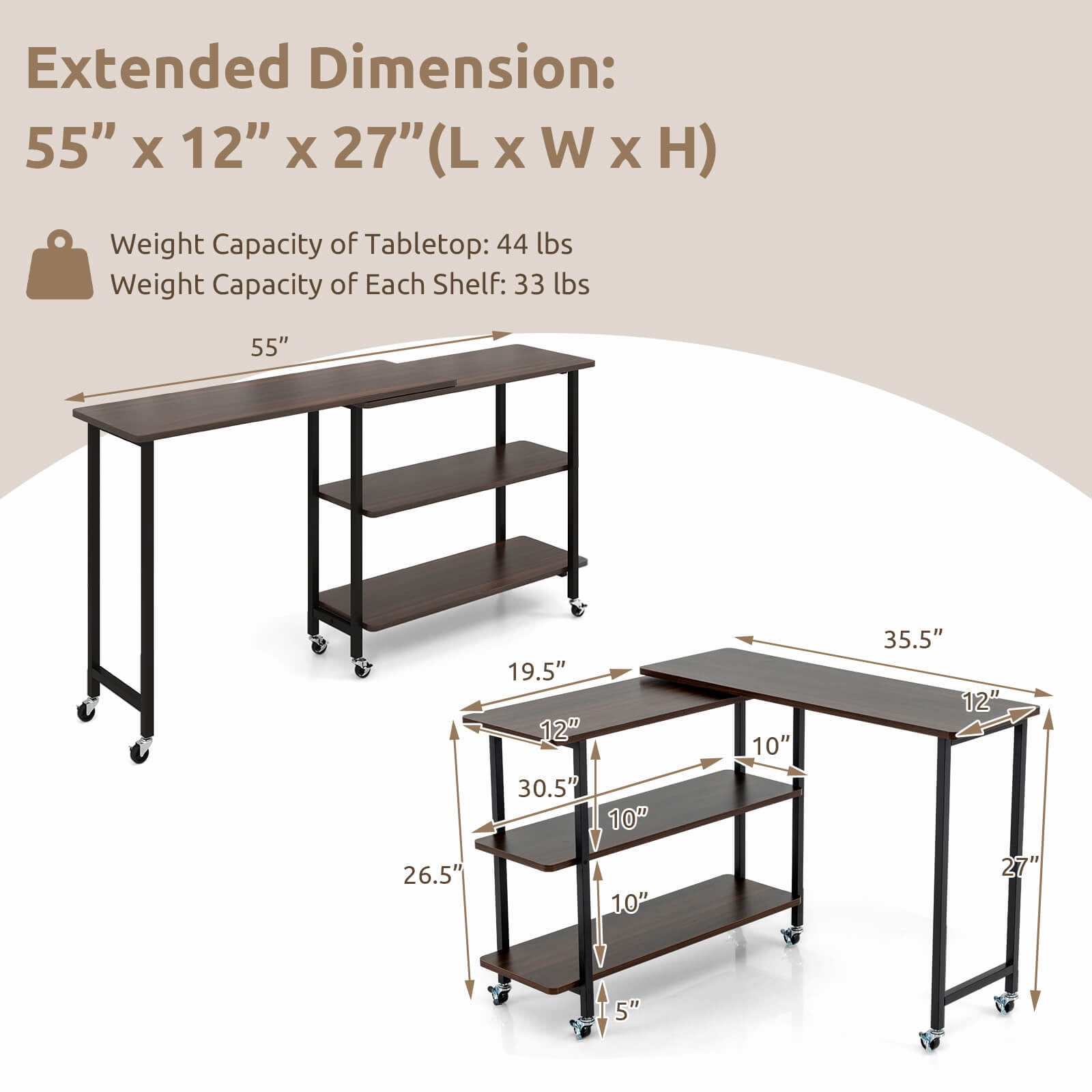 Costway 360° Rotatable Sofa Side Table L-shaped Laptop Desk Snack Table withShelf Patented Walnut