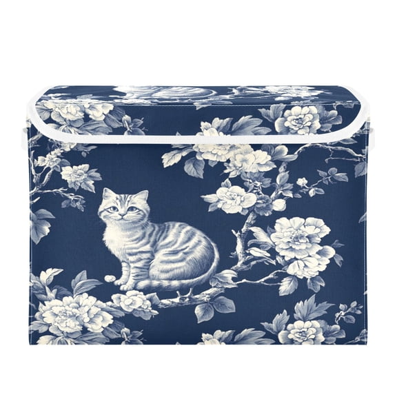 Storage Box With Lid 16.5x12.6x11.8In Foldable Stacked Household Storage Box Blue Painting Cat