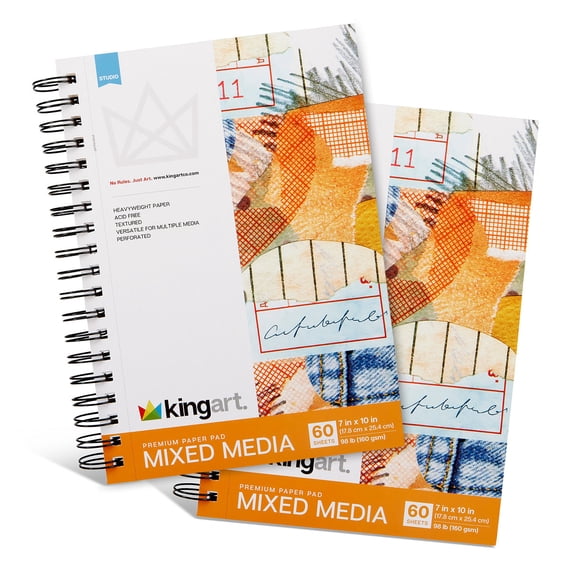 KINGART Mixed Media Sketchbook, Pack of 2, 7 x 10 Inches, 60-Sheet, 98lb/160gsm Acid-Free Paper, Micro-Perforated, Spiral-Bound, Wet and Dry Media