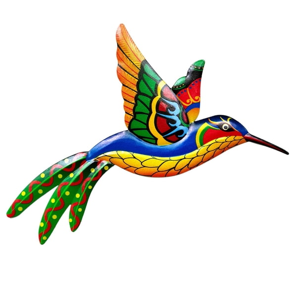 Escultura colorida de colibrí para colgar en la pared, ideal para entradas interiores y exteriores. naranja