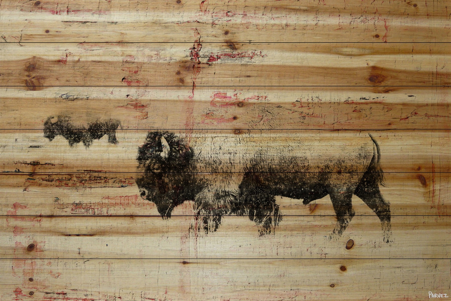 "Buffalo Walking" Painting Print on Natural Pine Wood