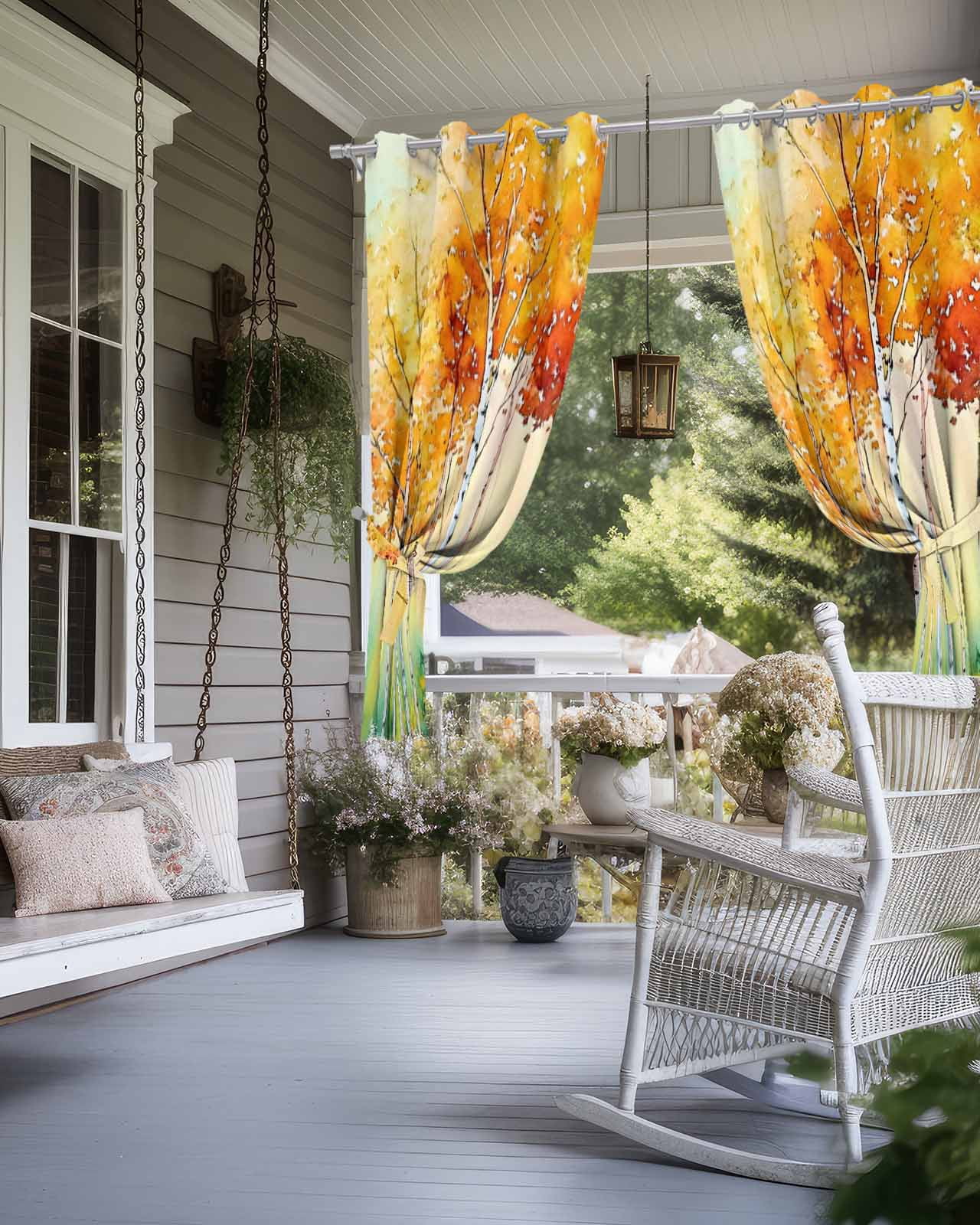nqOlkjepod Outdoor Curtains for Patio Waterproof, Orange Green Trees Outdoor Privacy Panels Grommet, Watercolor Chic Beanch Leaf Blackout Outside Curtains for Porch/Cabana/Pergola 54"x95", 2 Panels