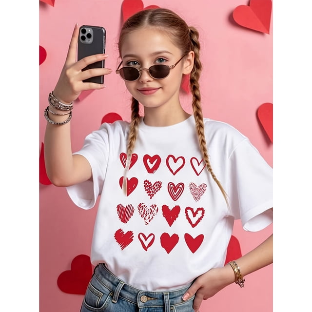 Girls' Casual Chic Heart Print Short Sleeve T-Shirt - Soft Cotton, Round Neck, Machine Washable - Perfect for Spring & Summer Outfits TOP TEE