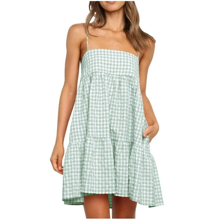 Vetsdori Womens Plaid Mini Dresses Sleeveless Casual Slip Dress Pleated Summer,Sundress Beach Square Neckline Dress for Ladies Tank, Women's, Size: