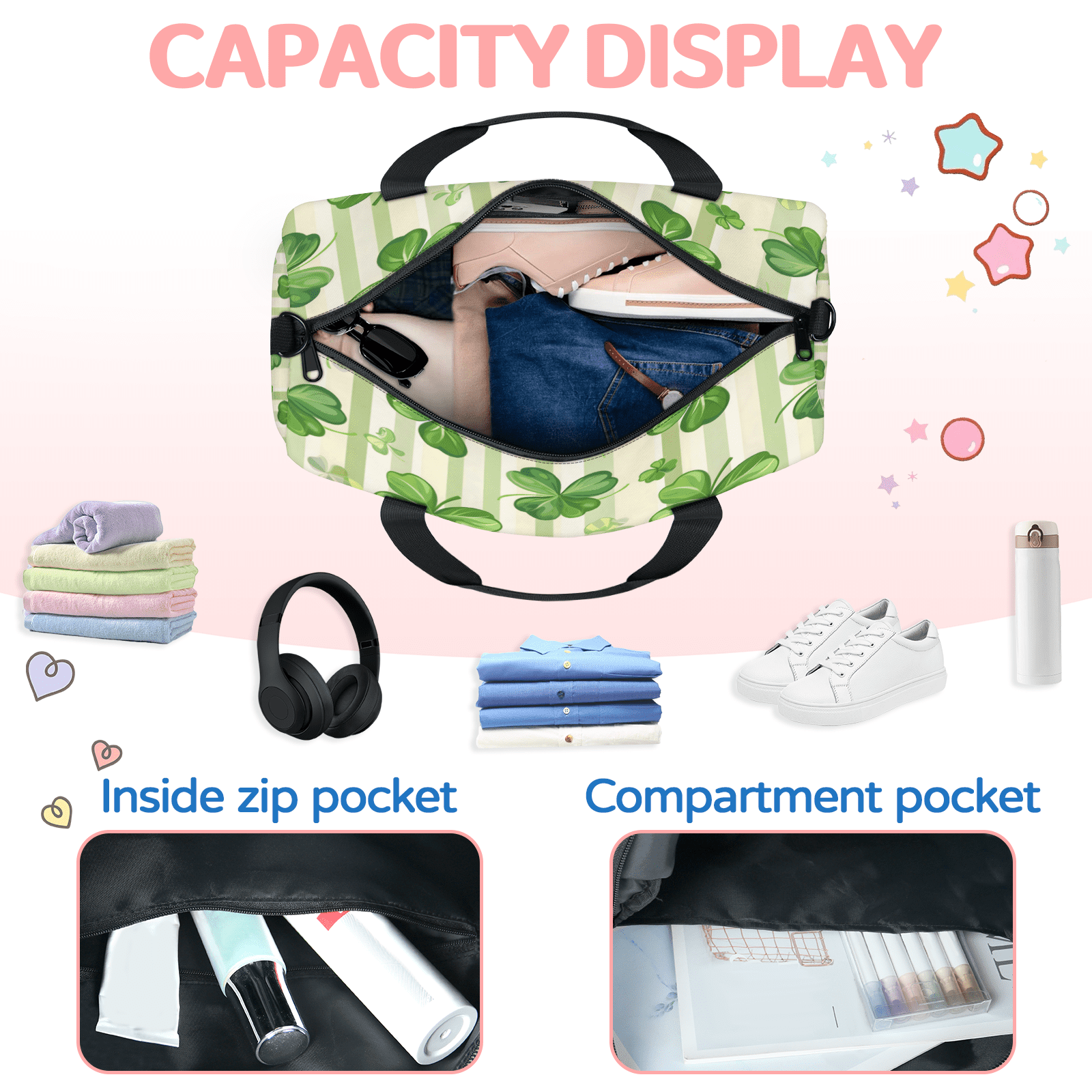 Herdesigns St. Patrick's Day Gym Bag for Women, Duffle Bag for Travel Sport, Lightweight Waterproof Carry on Weekender Overnight Dance Yoga Workout Bags