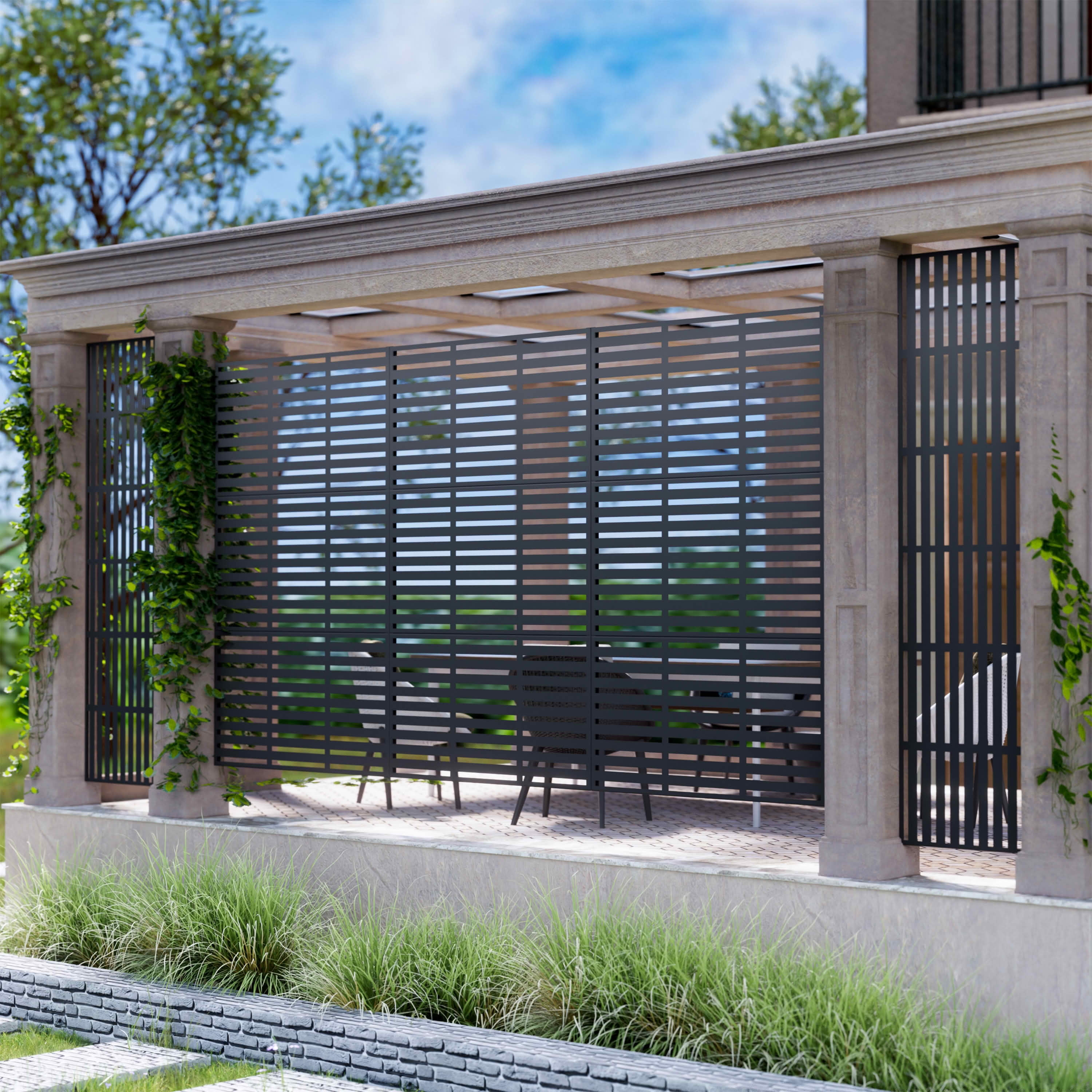 MAYEERTY 72x47x16 Inch Black 3-Fold Louvered Galvanized Steel Privacy Screen for Outdoor Street