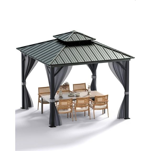 10 ft x10 ft Hardtop Gazebo, Black Frame with Gray Curtains, Double Metal Roof, Aluminum Alloy Frame, Net, Heavy Duty, for Patio, Backyard, Garden