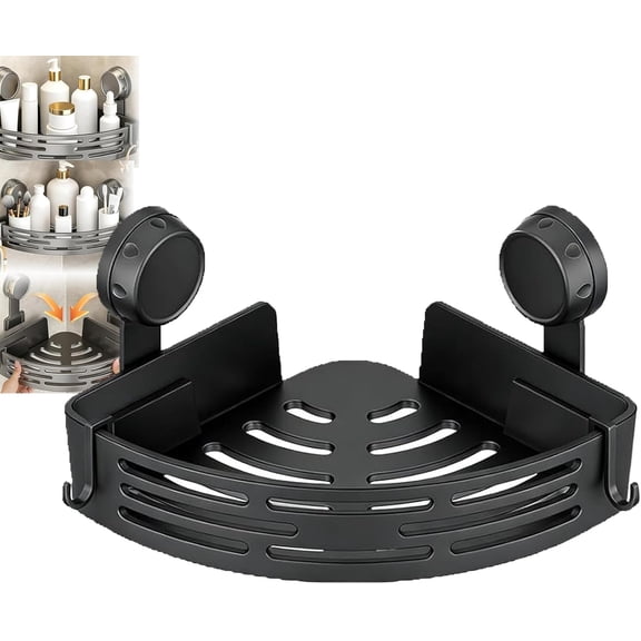 No-Drill Bathroom Corner Shelf, Suction Cup Corner Shower Shelf, Corners Shower Storage Rack Organizer, Large Capacity Strong Load-Bearing for Bathroom Kitchen (Black)