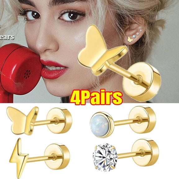 4 Pairs Hypoallergenic Titanium Earrings for Sensitive Ears, Flat Back Titanium Earrings for Women & Men, Screw Back Cartilage Earrings Set