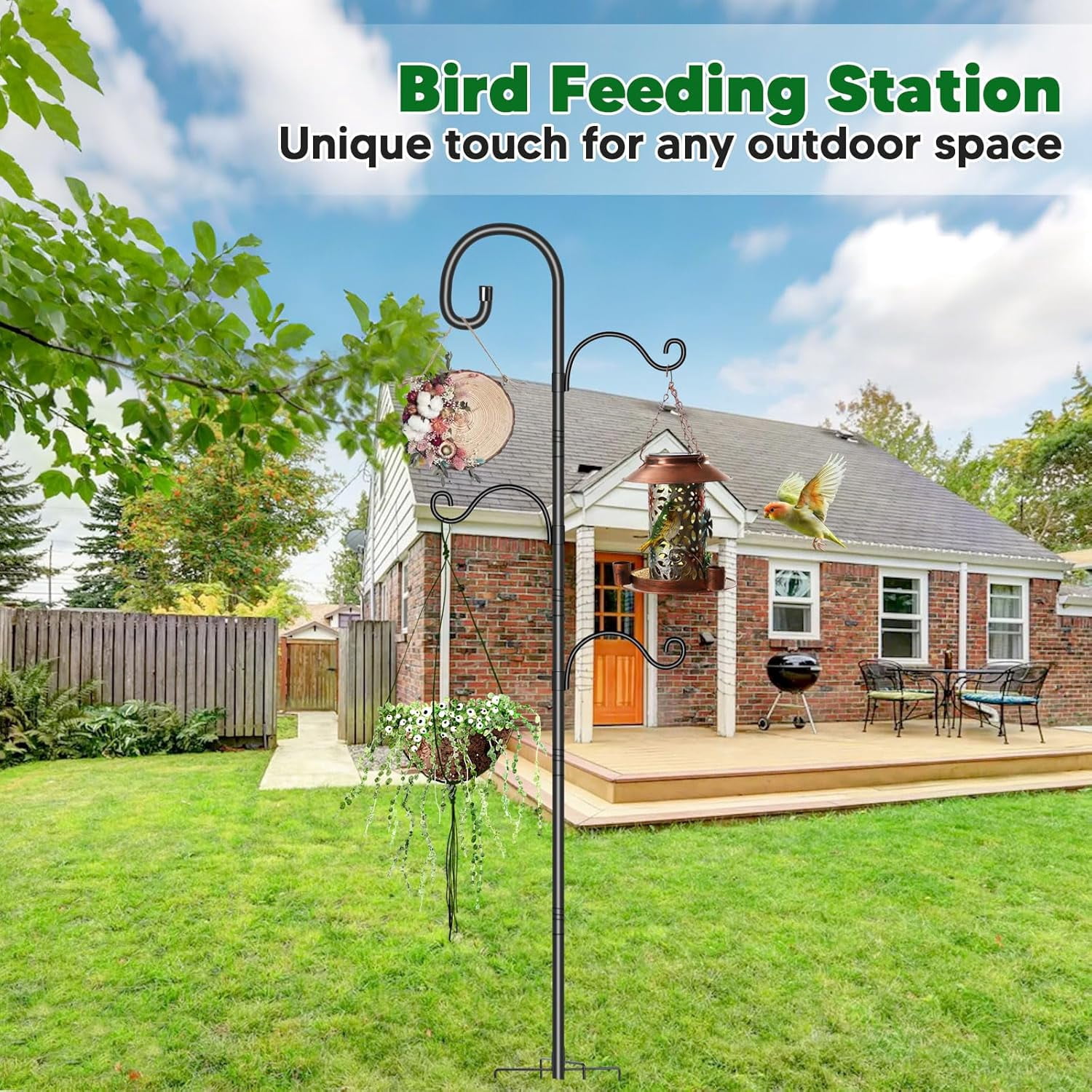KOLAKO Bird Feeding Station,195cm Adjustable Bird House Poles, Heavy Duty Feeder Stand, Garden Shepherds Hooks Crook for Outdoors Hanging Lights Basket Hanger,76 inch, Black