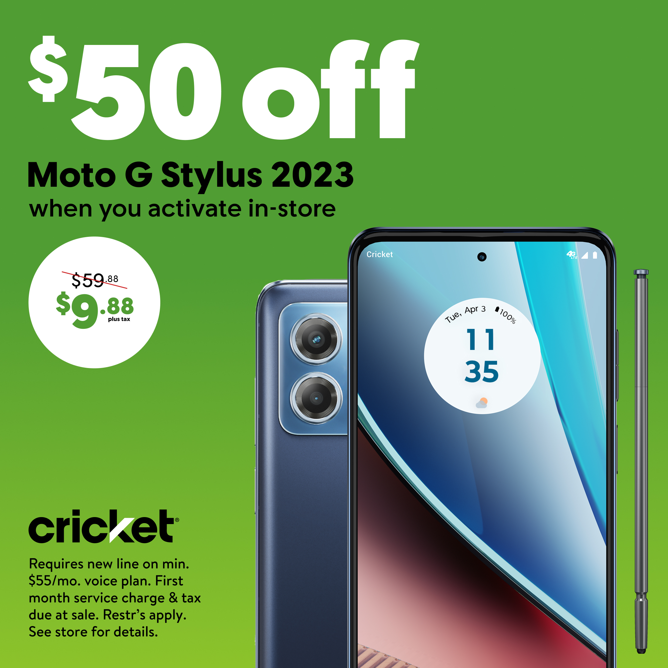 Cricket Wireless Moto G Stylus 2023, 128GB, 4GB RAM, 8MP FF Camera, Blue - Prepaid Smartphone